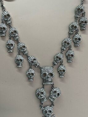 Source Unknown Silver Crystal Skull Statement Necklace